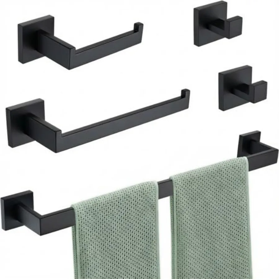 

Bathroom Hardware Set 5-Piece, Modern Square SUS304 Stainless Steel Bath Accessory Kit with 23.6" Towel Bar