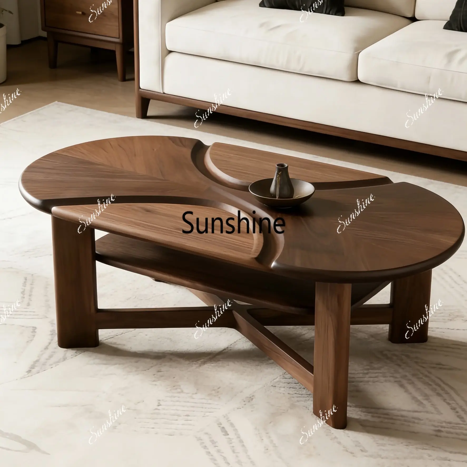 

New Chinese-style solid wood oval living room small apartment multi-functional coffee table