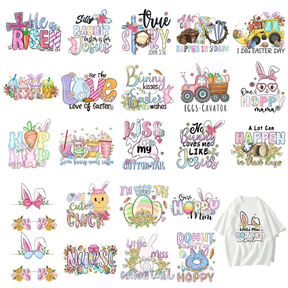 24 types Cartoon cute little rabbit Easter eggs DTF Thermo Sticker Decals Heat Transfer Clothes Clothing Crafts Diy Accessory