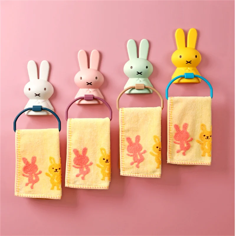 Multi functional and minimalist bathroom children\'s towel rack cartoon rabbit single pole non perforated towel rack