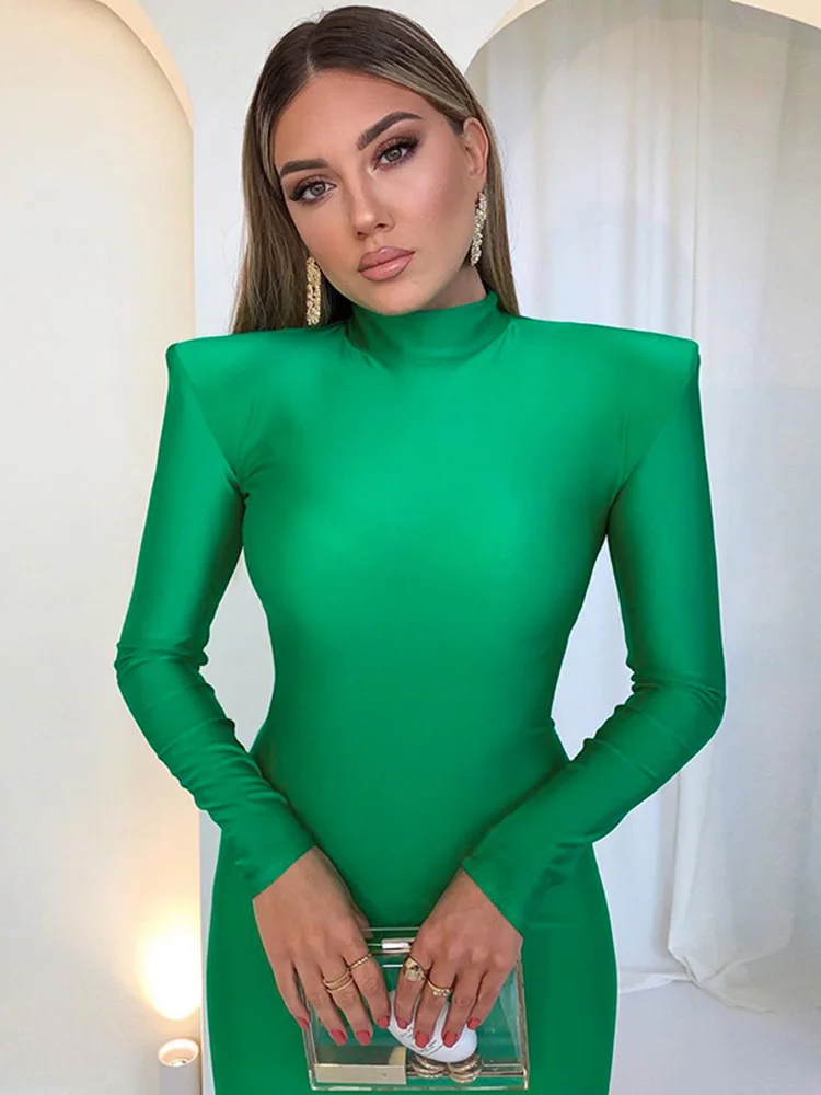 Vestido largo de manga larga con hombros acolchados para mujer, a la moda ropa elegante para fiesta y Club, color verde, primavera y otoño, 2024