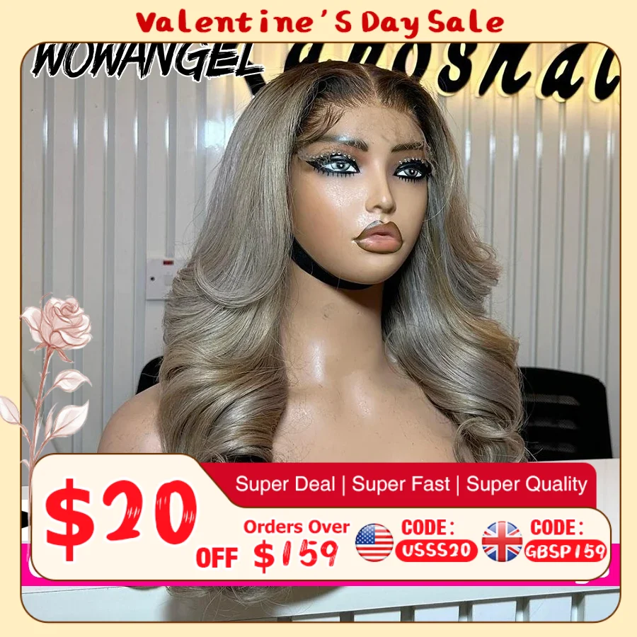 WOWANGEL 1b/Ash Blonde Body Wave Wigs 5x5 HD Lace Closure Wigs Human Hair Ash Grey Ombre Glueless Wigs Pre Plucked Ready to Wear