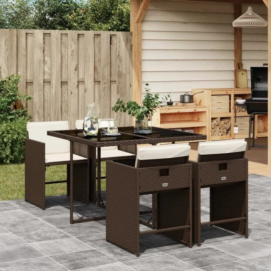 

Garden Dining Set Brown Poly Rattan Fourseater Stackable