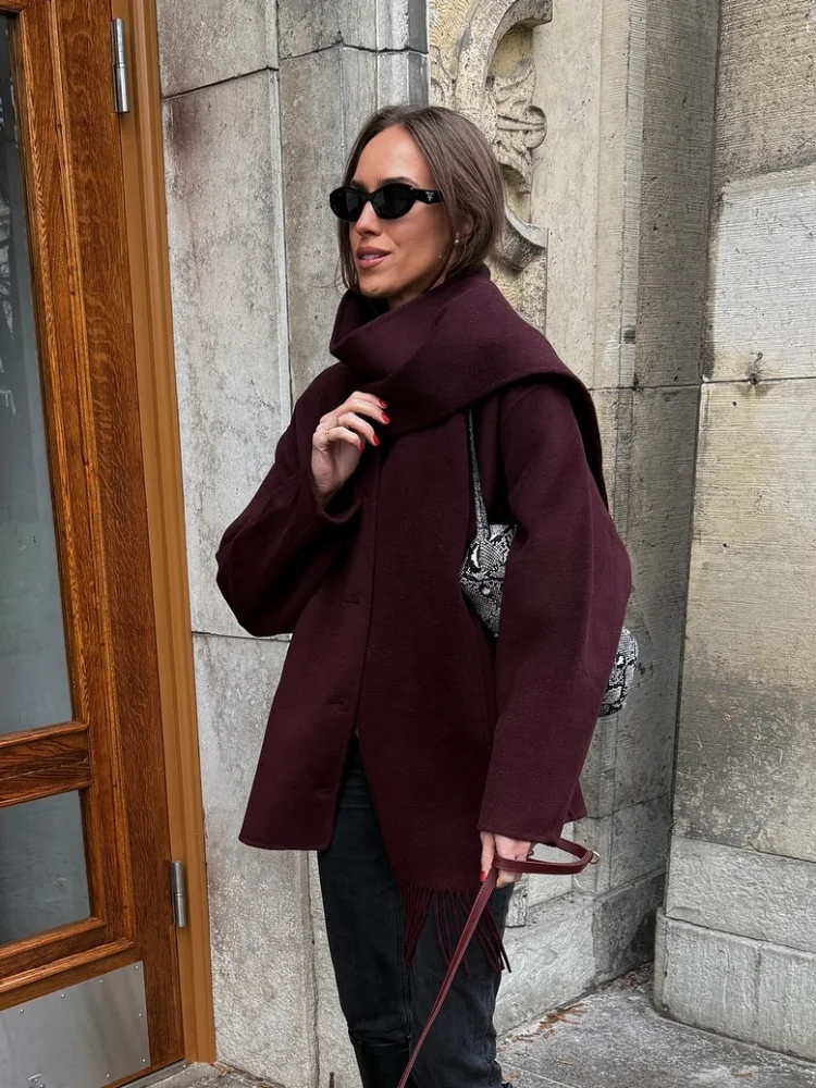 2025 Chic Burgundy Woolen Coat With Tassels Scarf Collar Fashion Button Full Sleeve Women's Jacket New Female Stylish Streetwear