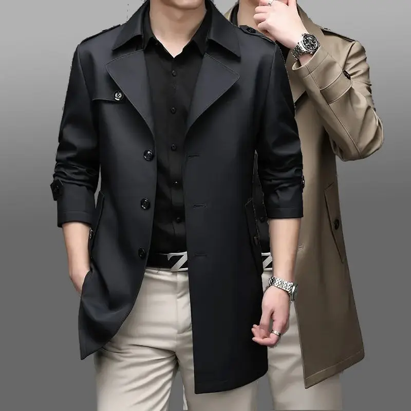 

2025 Mens Spring Autumn Trench Coat Middle Age Business Casual Long Overcoat Dad Style Single Jacket