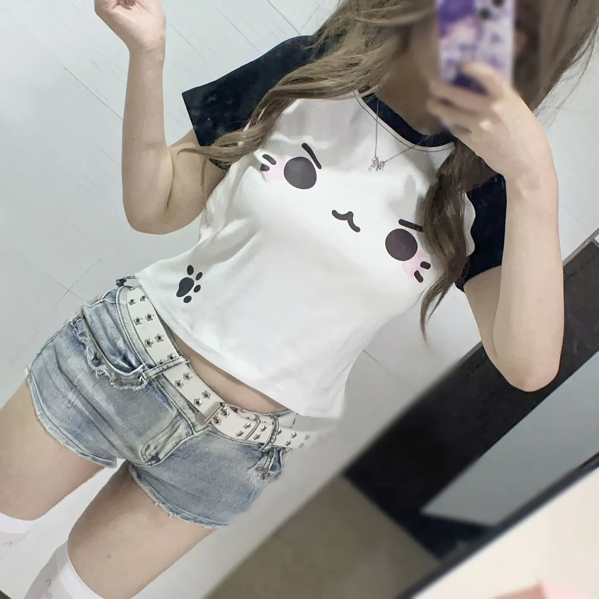 Mode Shorts für Frauen Kawaii Kaomoji Print Kurze Hosen Schwarz Y2k Casual Shorts Koreanische Japanische Mode Sommer Kleidung Mädchen