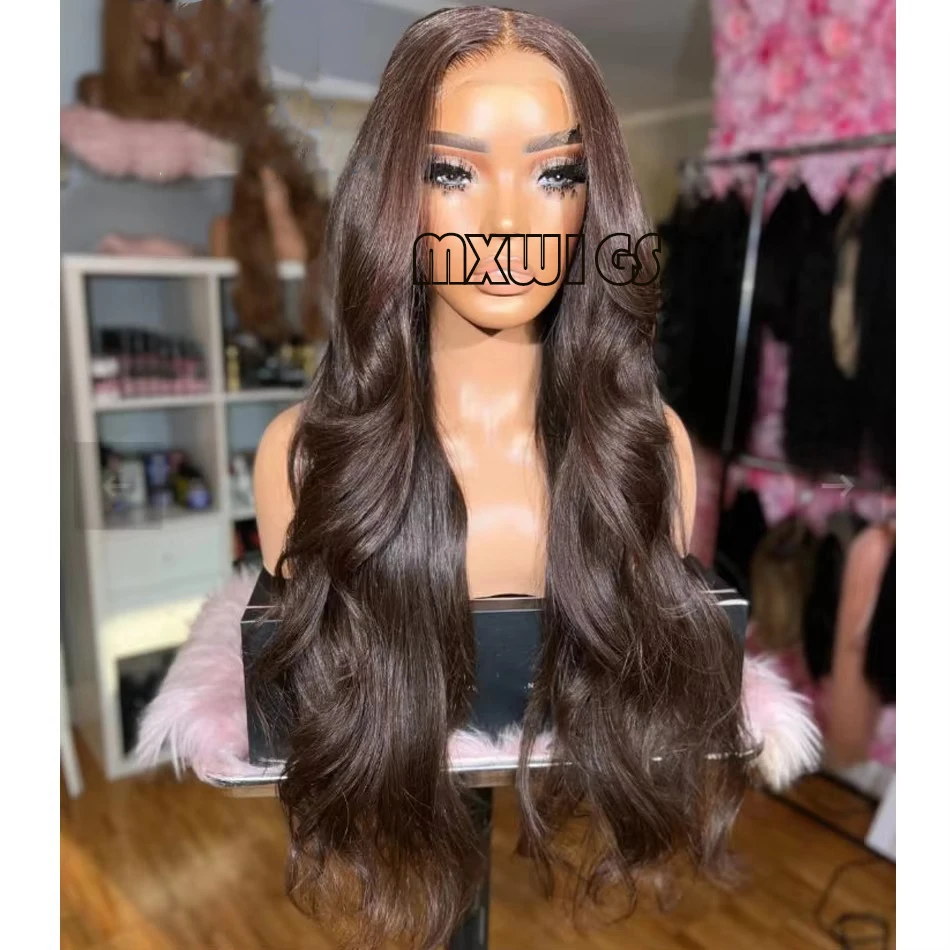 

MXWIGS каштановые волосы синтетические объемные волны 13X4 парик фронта шнурка для женщин косплей длинные бесклеевые предварительно выщипанные термостойкие волокна