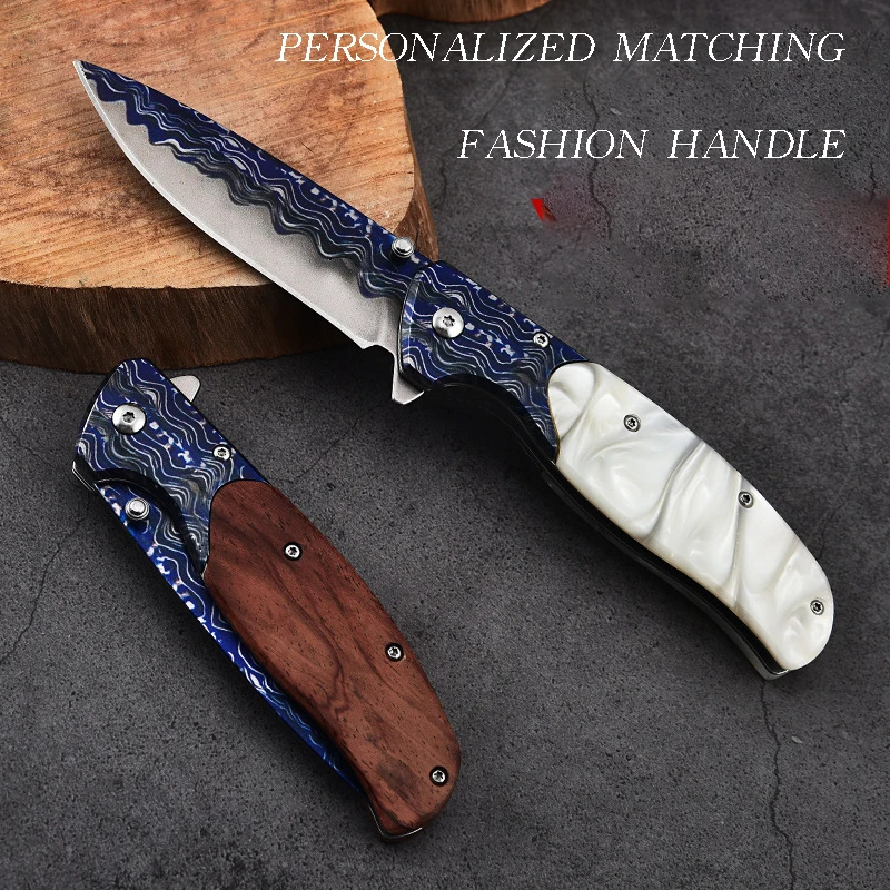 Personalized and trendy stainless steel folding knife, color wood handle, outdoor knife, outdoor self-defense knife, portable fo