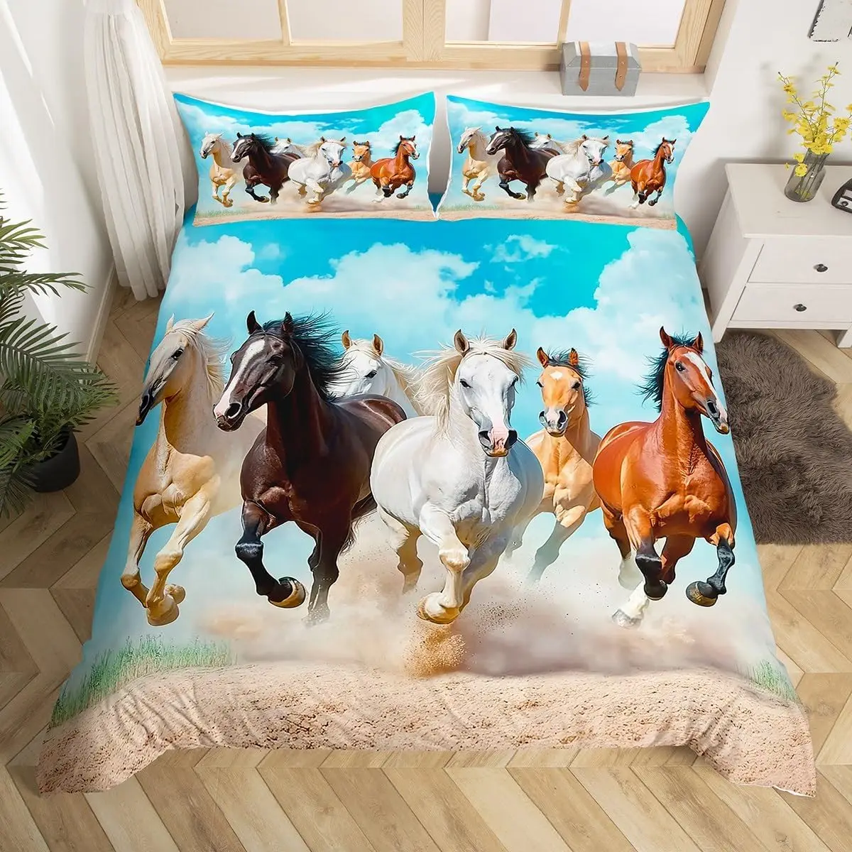 Horse Duvet Cover Full Queen Size Galloping Horse Comforter Cover Cute Farm Animal Decor Bedding Set Microfiber Bedspread Cover