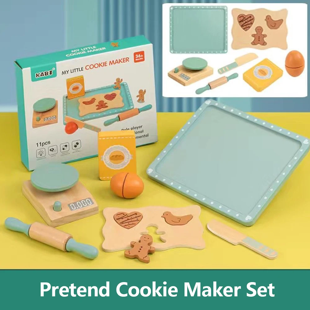 Kids Kitchen Toy Set Wooden Coffee Maker Set Simulation Cookie Maker Kit Pretend Play Educational Toys Gifts for Girls Boys