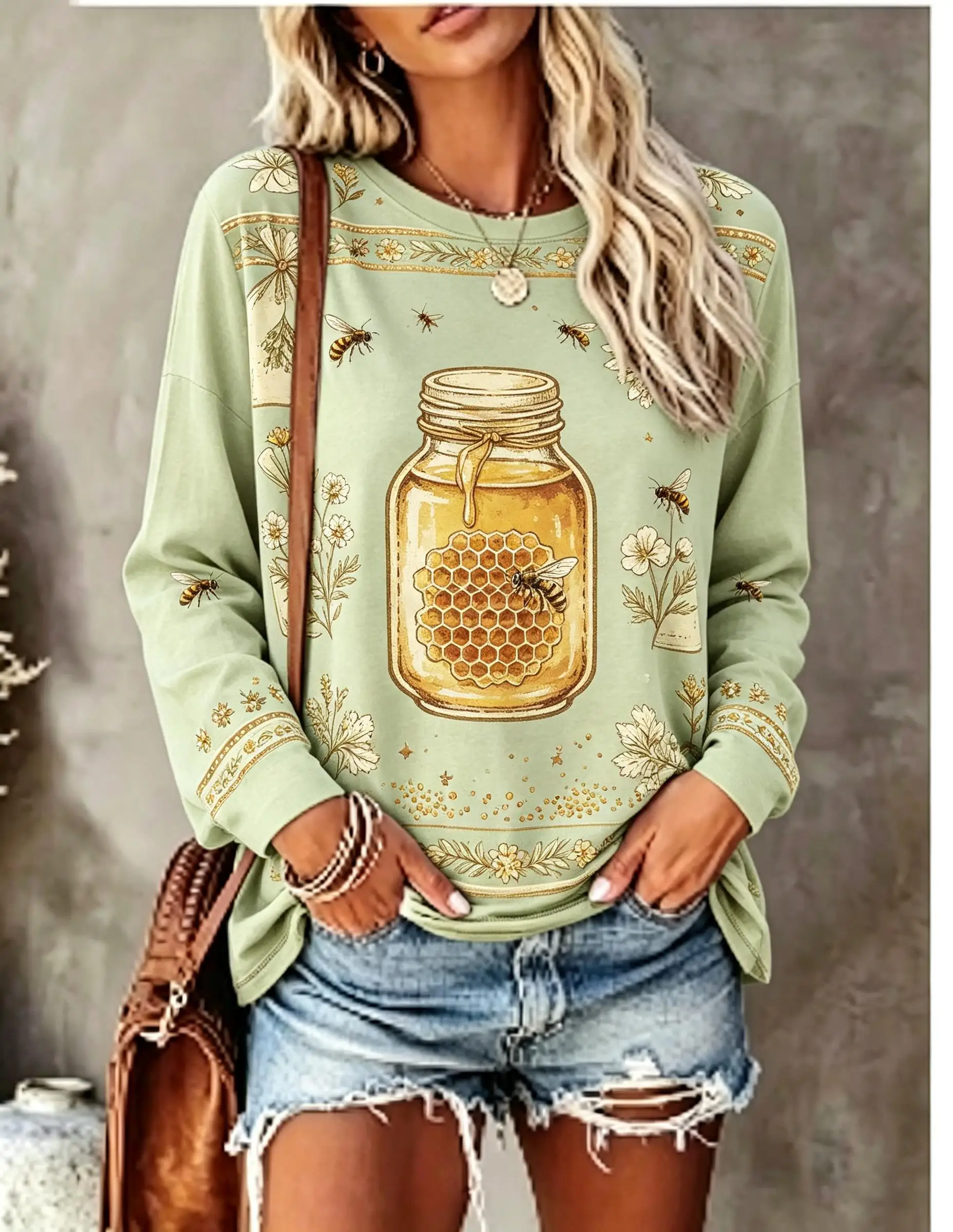 Women Long Sleeve T‑Shirt Vintage Tea Cup Daisy Floral Cottagecore Botanical Print Crew Neck Casual Tops