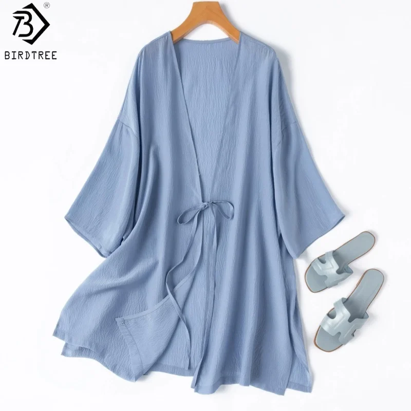 

Birdtree, 100% Silk Sheer Coat, Women's Bubble Crepe Thin Tops, Sun protection Sash Solid Cardigan, 2026 Summer New T65511JF