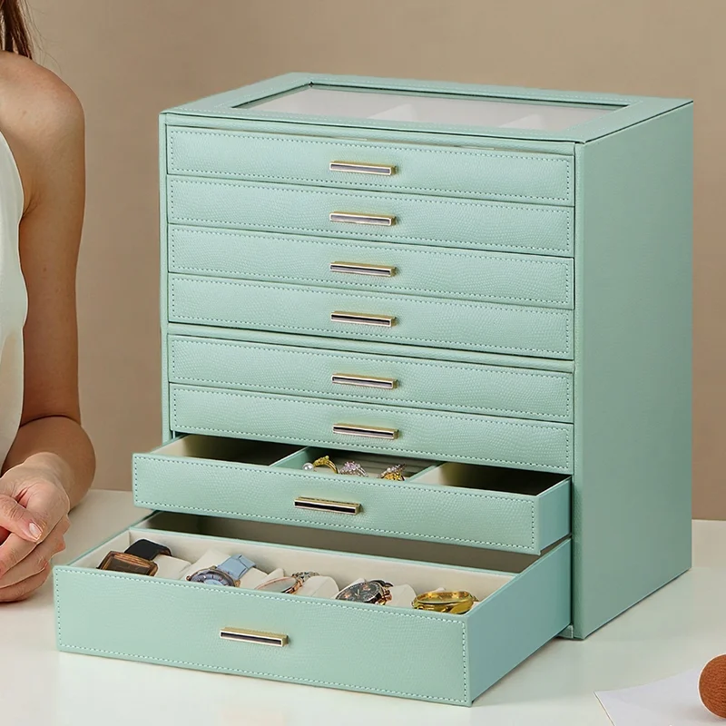 Large Capacity Jewelry Organizer with 8-drawer Real Leather Storage Box for Earring Ring Necklace Watch Collection Display