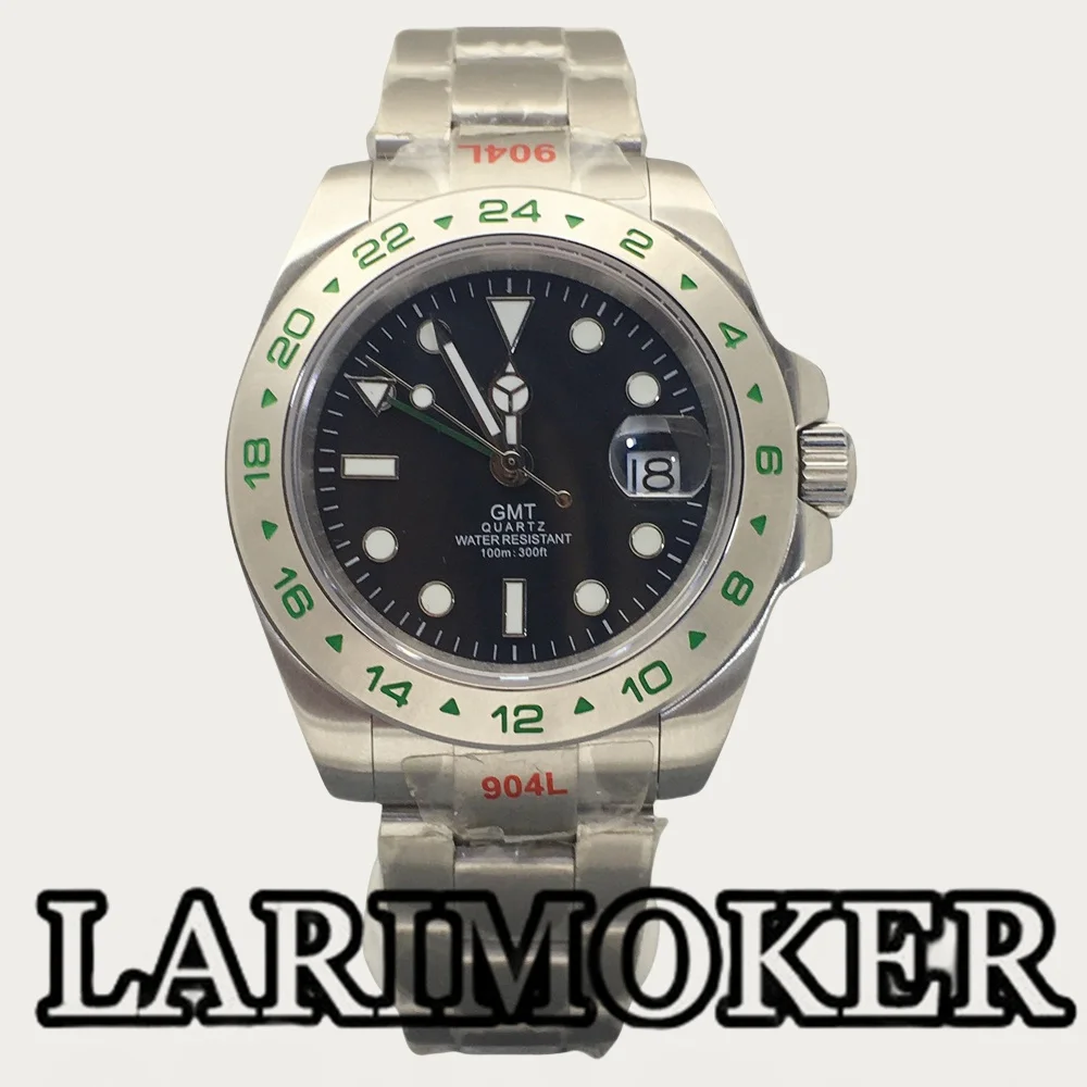 LARIMOKER 40mm Rhonda 515-24H GMT Men\'s Watch 24Hours SilverFixed Bezel With Green Number Sapphire Crystal Green Luminous Date