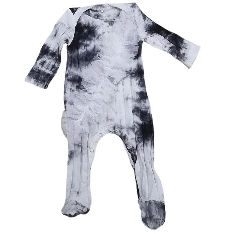 Girls Black Tie Dye Cotton Long Sleeve Jumpsuits 2022 Kids outfits Flower Ribbon Newborn Baby Clothes Boy Pajamas Customized