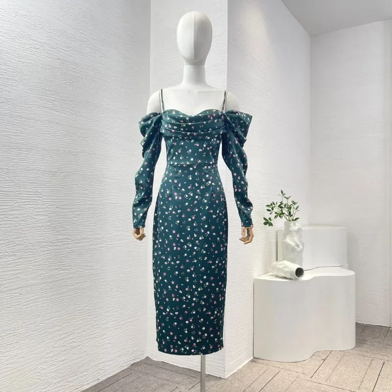 

Women's Green Floral Print Long Sleeve Off The Shoulder Midi Elegant Summer Holiday Dress for 2024 New High Quality Dresses