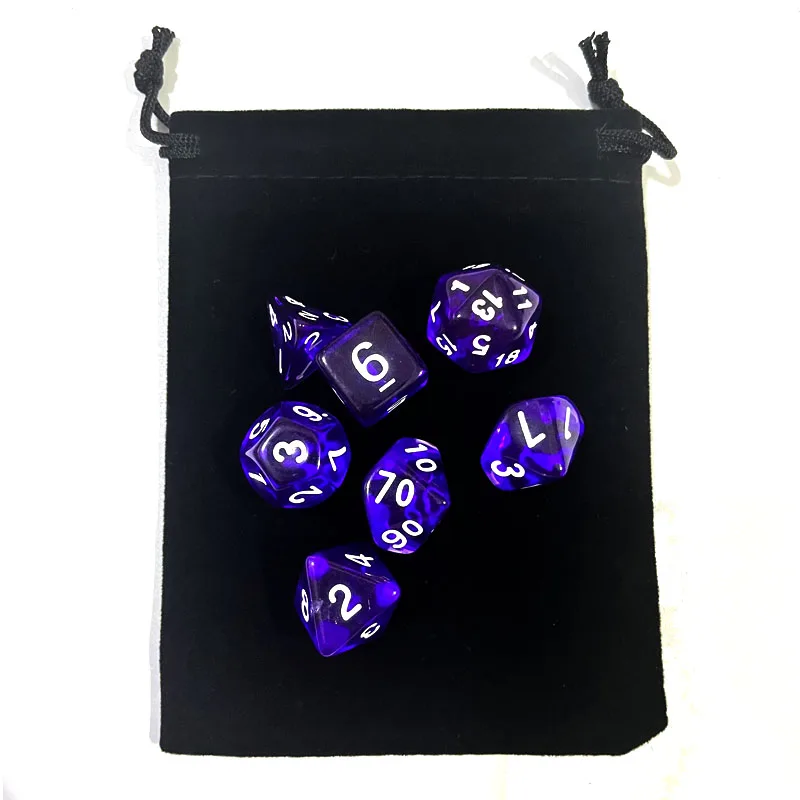 with bag 7pcs DnD Polyhedral Dice Set for Tabletop board Games, RPG Dice D4 D6 D8 D10 D% D12 D20 Clear transparent Dice 10colors