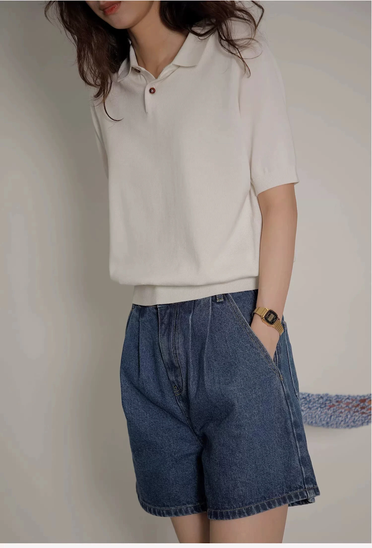 Retro  Shirt T-Shirt Women Summer Casual Knitted Ice Silk Short Sleeve Turn-down Collar Top Korean Style Universal Fit