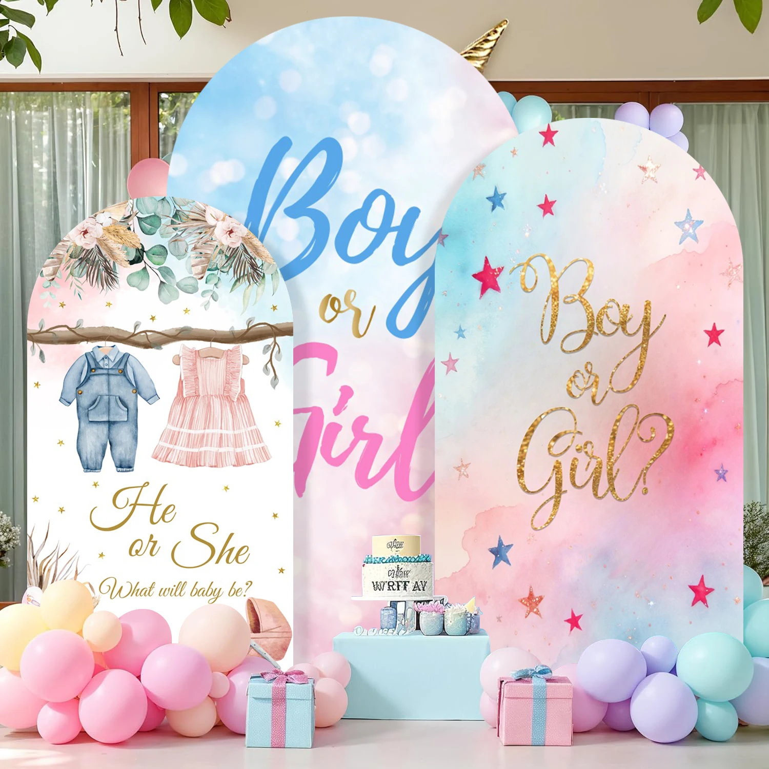 Gender Reveal Arch Cover Background for Boy Or Girl Birthday Party Baby Shower Rainbow Star Balloons Elastic Arched Backdrop