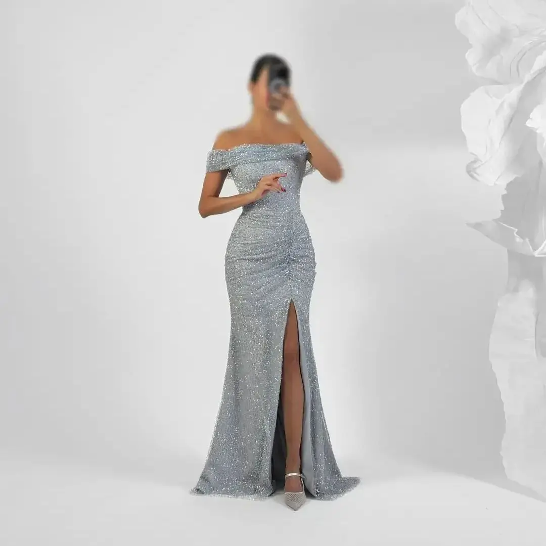 

Customized Sequins Tulle Mermaid Evening Dress Off Shoulder High Slit Prom Gowns Special Occasion Party Dresses New Design