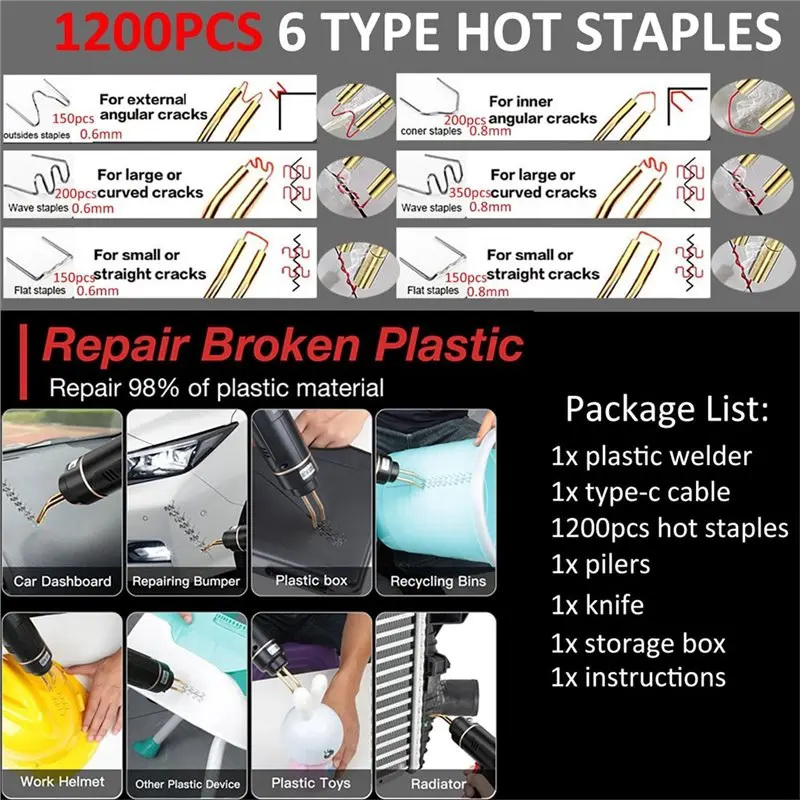 HLZS-USB Rechargeable Cordless Plastic Welder 200W, 1200PCS Hot Stapler Included In Plastic Welding Kit