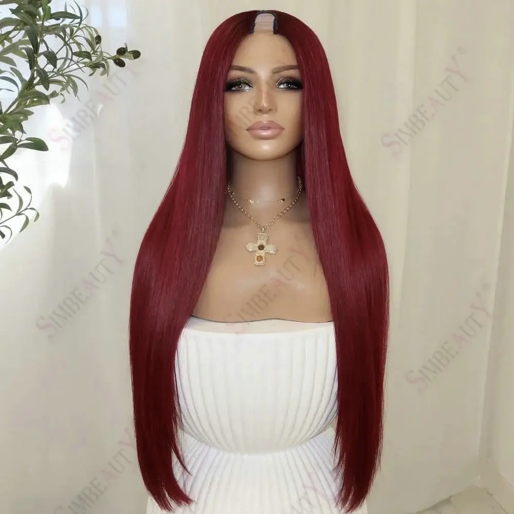 

Balayage Burgundy Red 1*4 Size U Part Wig Human Hair Wig for Women Silk Straight With Bangs Glueless V Part Wig 100% Human Hair