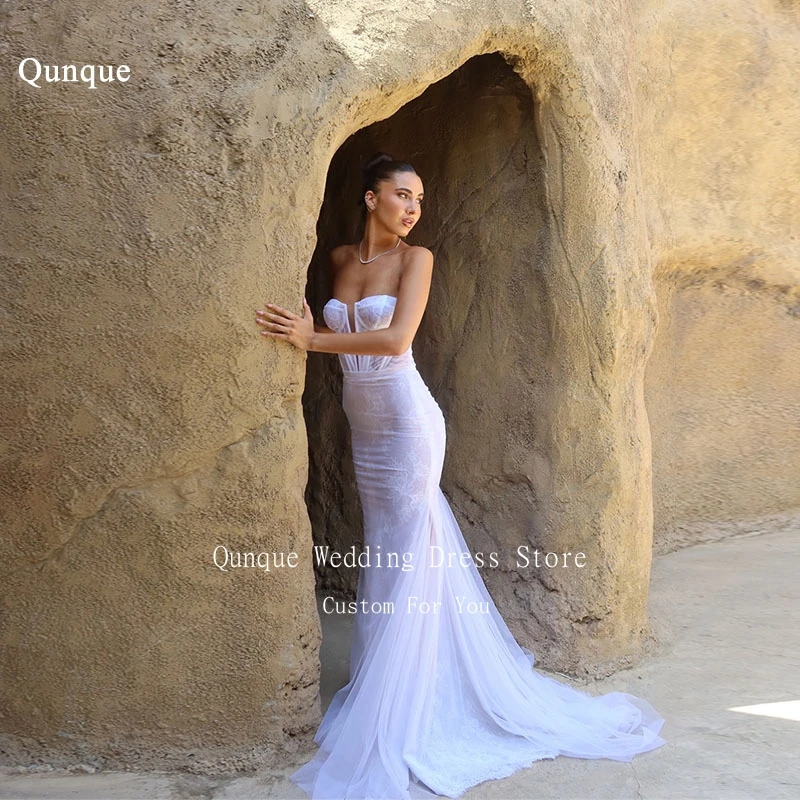 

Qunque Boho Tulle Mermaid Wedding Dresses Sweetheart Sleeveless Lace Pleated Bridal Dress Court Train Robe De Mariée Customized