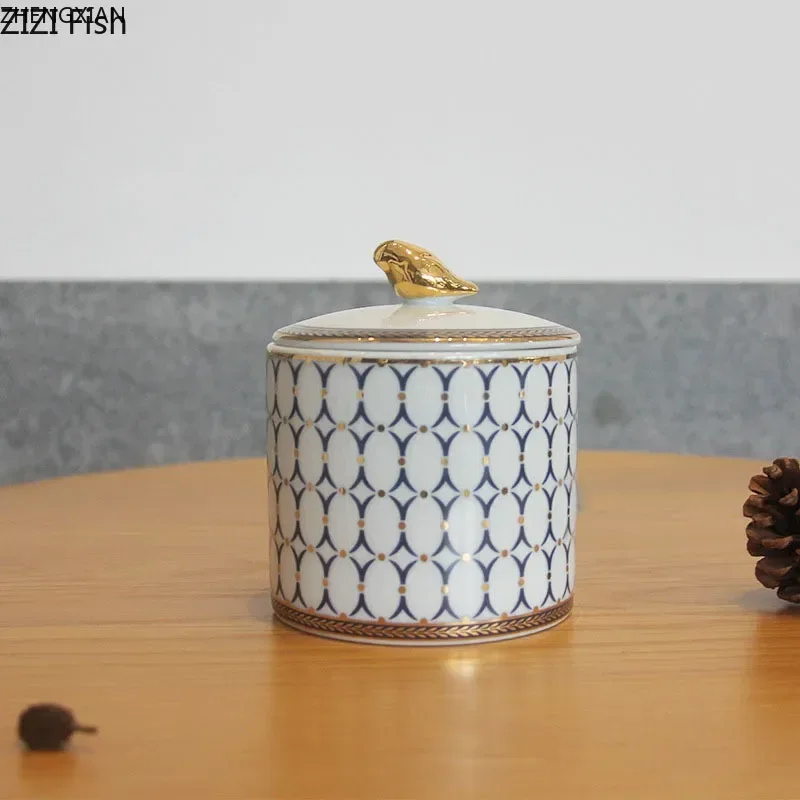 Ceramic Storage Jar With Lids Gold Plated Candle Cup Cotton Swab Storage Tank Fragrance Cups Cosmetic Containers Desk Decoration