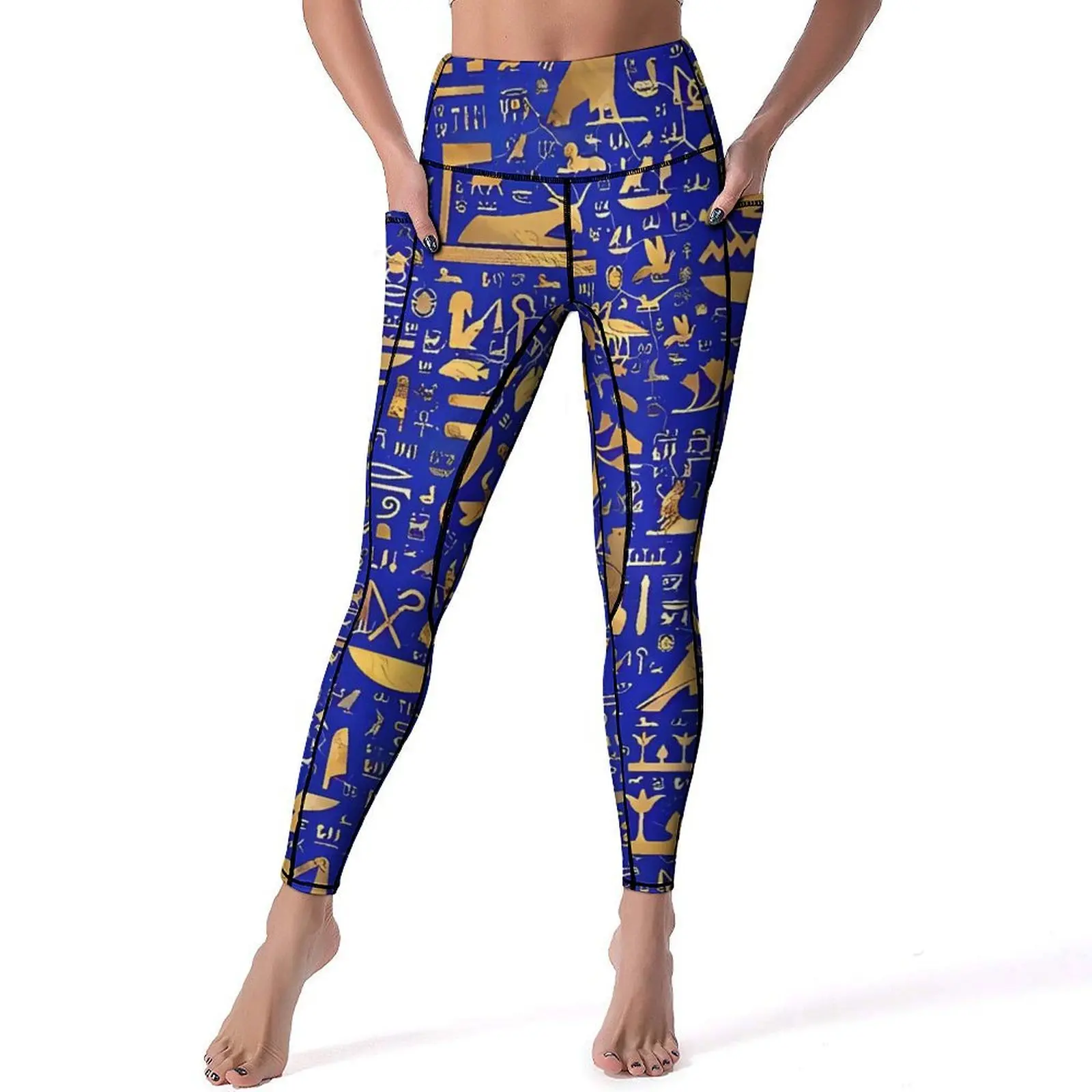 Ancient Egyptian Art Leggings Blue and Gold Work Out Yoga Pants Push Up Elegant Leggins Stretch Custom Sports Tights XL XXL