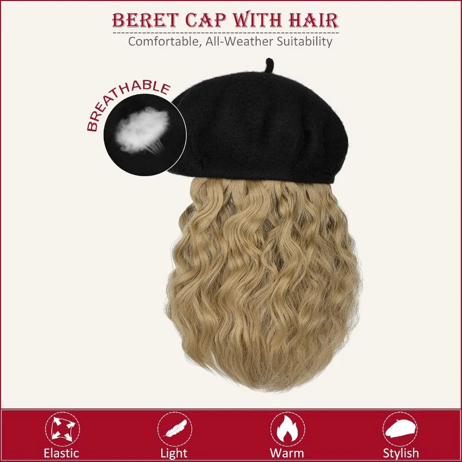 قبعة كلاسيكية قابلة للتمدد من الصوف الفرنسي الصلب مع وصلات شعر صناعية قصيرة مجعدة مرفقة للنساء أشقر رمادي