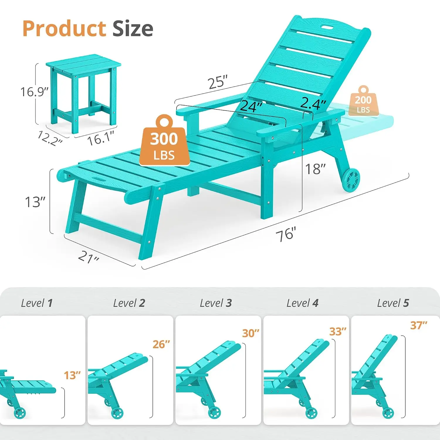 5-Position Outdoor Chaise Lounge Chair Set, Adjustable Patio Recliner with 6 Pieces for Poolside & Backyard, Customized