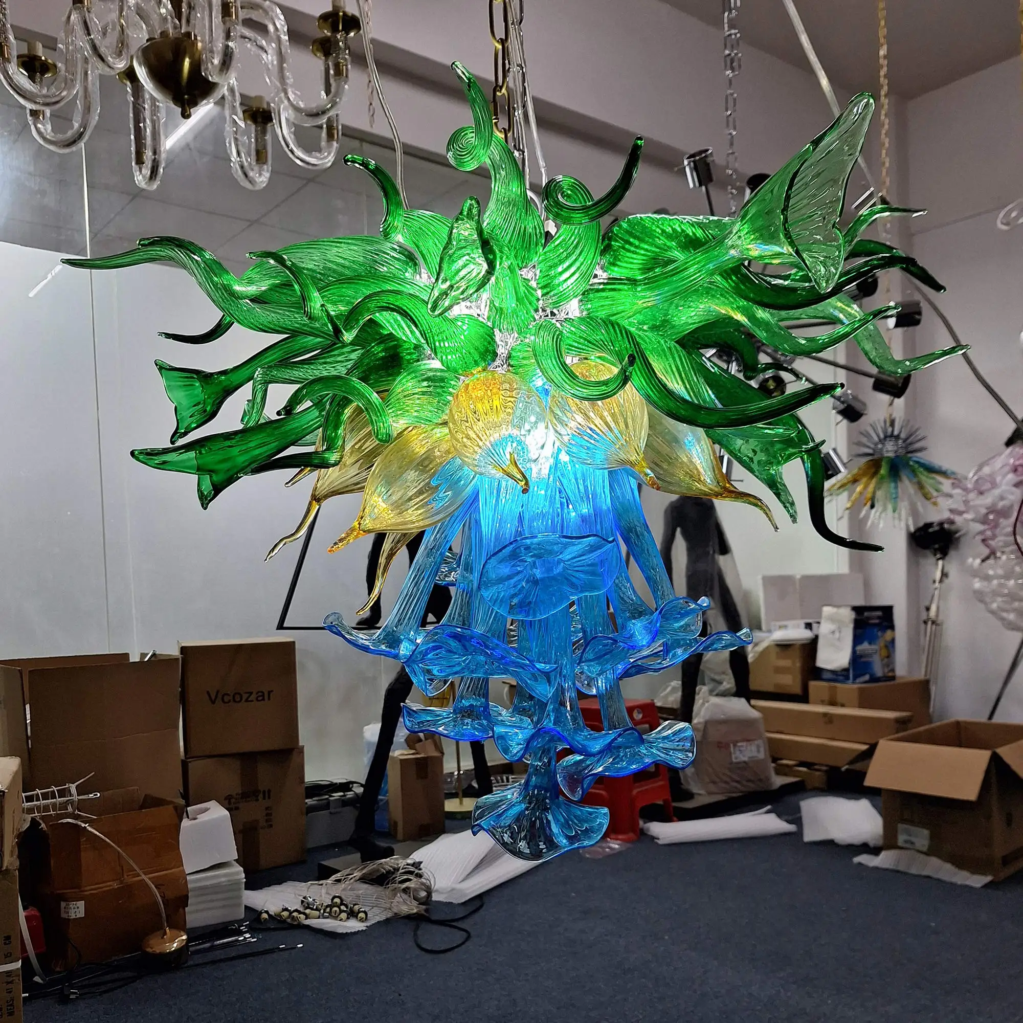 

LONGREE Murano Handmade Blown Glass Chandelier Art Decorative Multi-Layered Blue Green And Gold Lighting Fixture