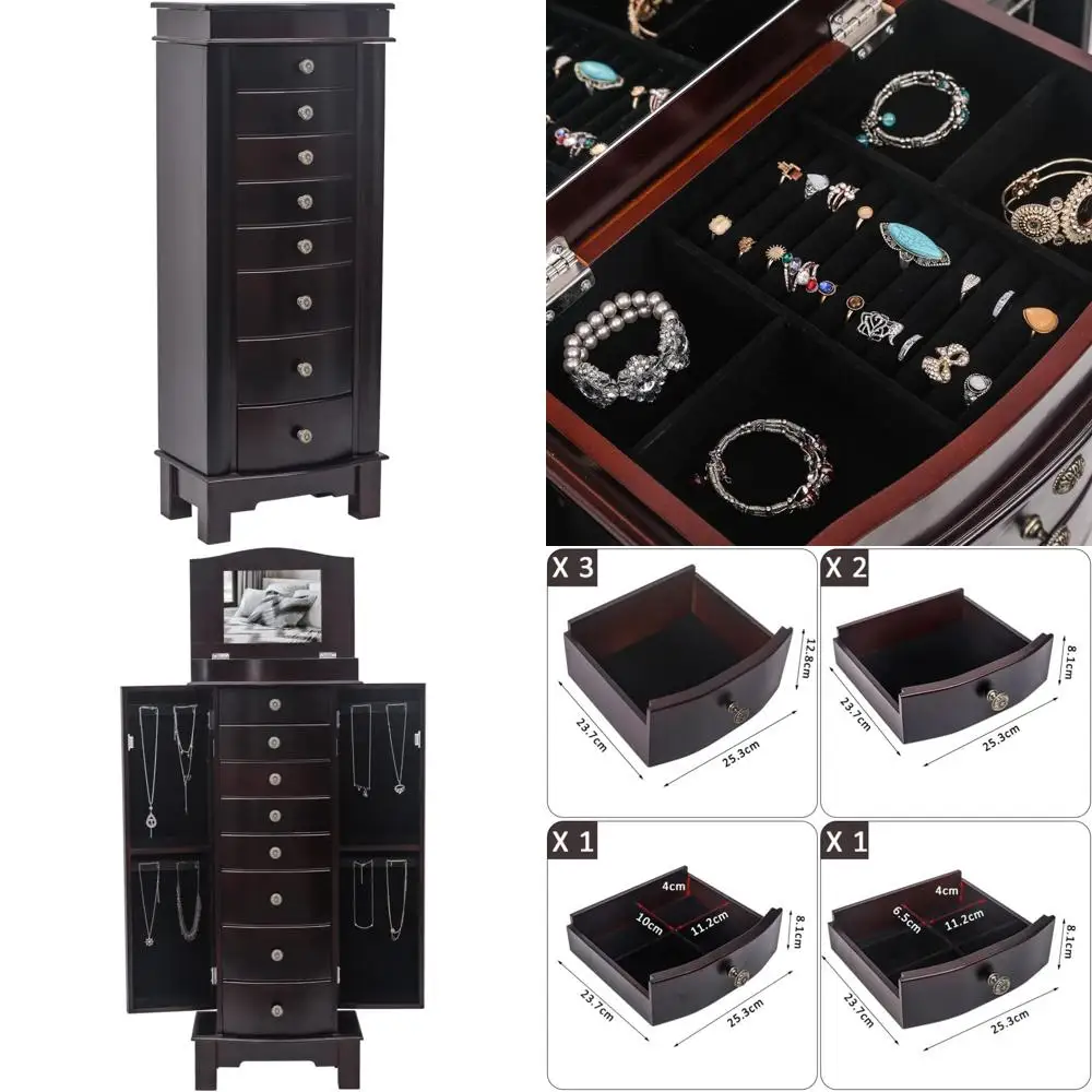 خزانة مجوهرات خشبية كبيرة الحجم مع مرآة علوية قابلة للطي ومقصورات تخزين - خزانة دولاب فاخرة لأورجاني المجوهرات #1