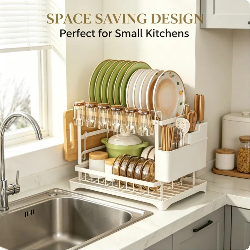 

Space Saving Double Layer Dish Drying Rack Rust Resistant Metal With Drain Tray Easy Install Kitchen Tableware Storage Shelf