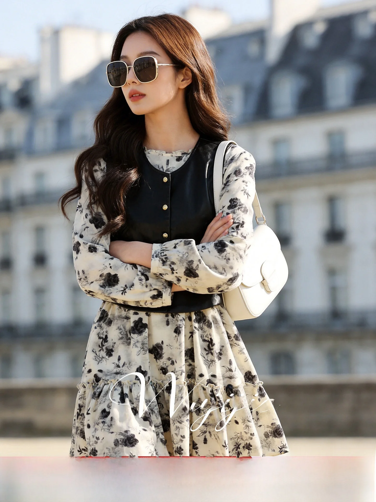 

plus Size Fashionable Floral Print Dress And Vest Set High Waist Long Sleeve Casual Wear Polyester Fiber Spring Summer Collec...