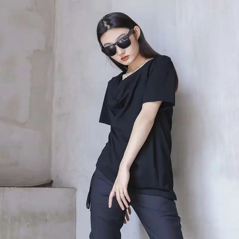 Women's Short Sleeve T Shirt Summer New Pile Collar Simple Personality Irregular Hem Large Short Sleeve T Shirt