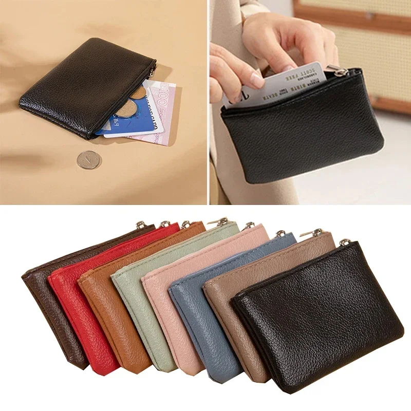 Retro Solid Color Mini Wallet Soft Leather Female Purse Coin Purse Short Wallets Zipper Keychain Clutch Bag Small Lady Purse