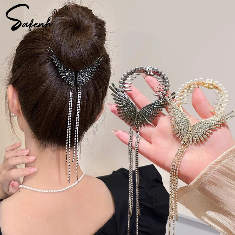 New Angel Wings Hair Bun Hair Clips Women Girls Rhinestone Tassel Ponytail Button Hairpin Golden Fashion Accessories