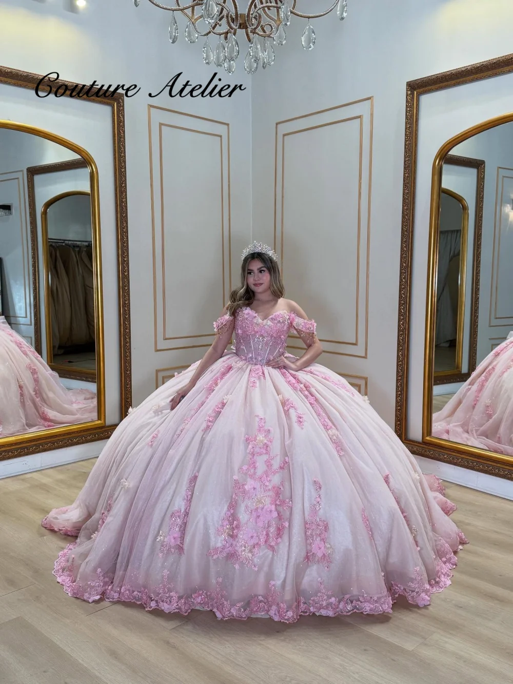 

Satin Light Pink 3D Flowers Off The Shoulder Ball Gown 15 Quinceanera Dress 2026 Princess Dress Sweet 16 Dress Customized