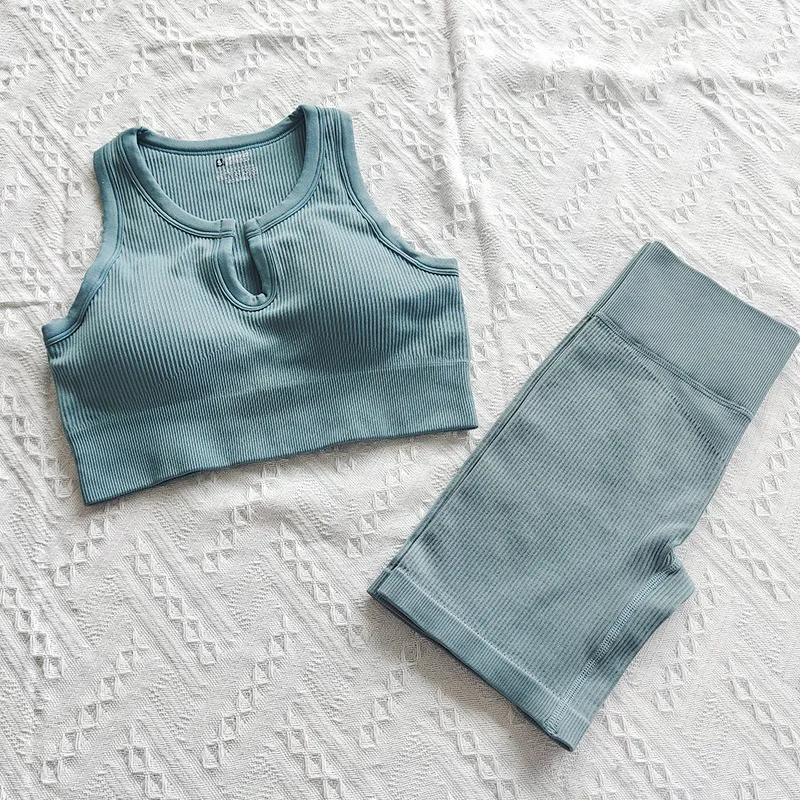 Yoga Clothes European and American Hot Chest-Breaking Sports Bra Set Solid Color U-Neck Vest Sports Shorts Suit for Women