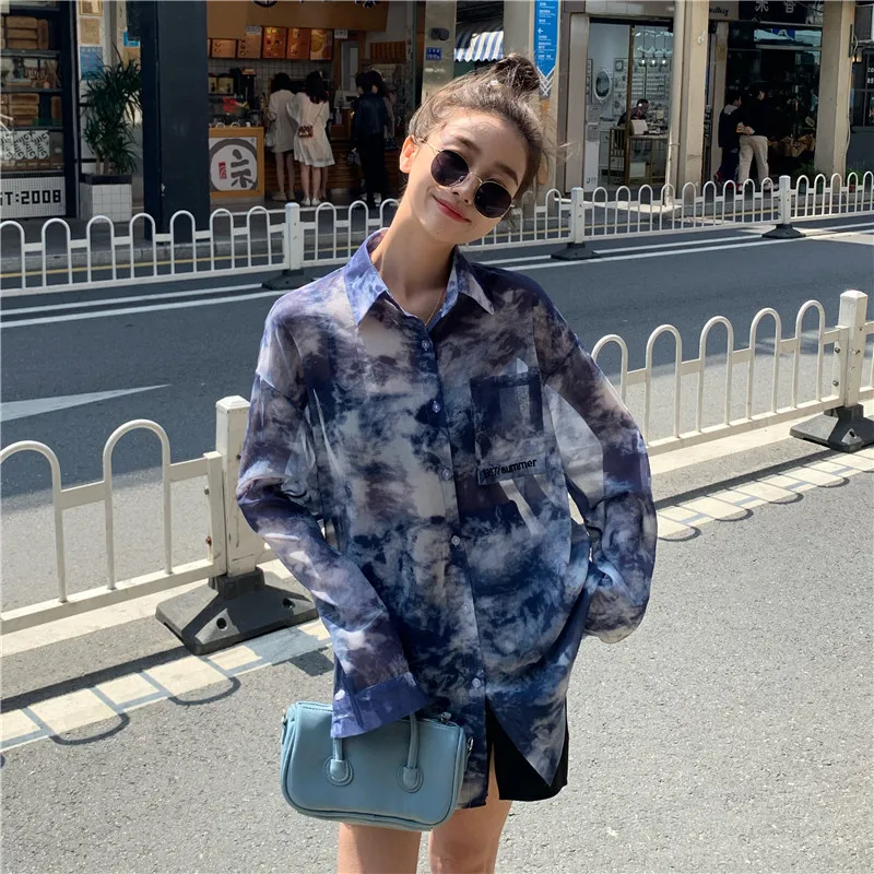 Camisa de mujer con cuello vuelto, manga larga, ropa de calle elegante a la moda, diseño holgado Tie-dye, moda coreana para chicas adorables dulces de verano