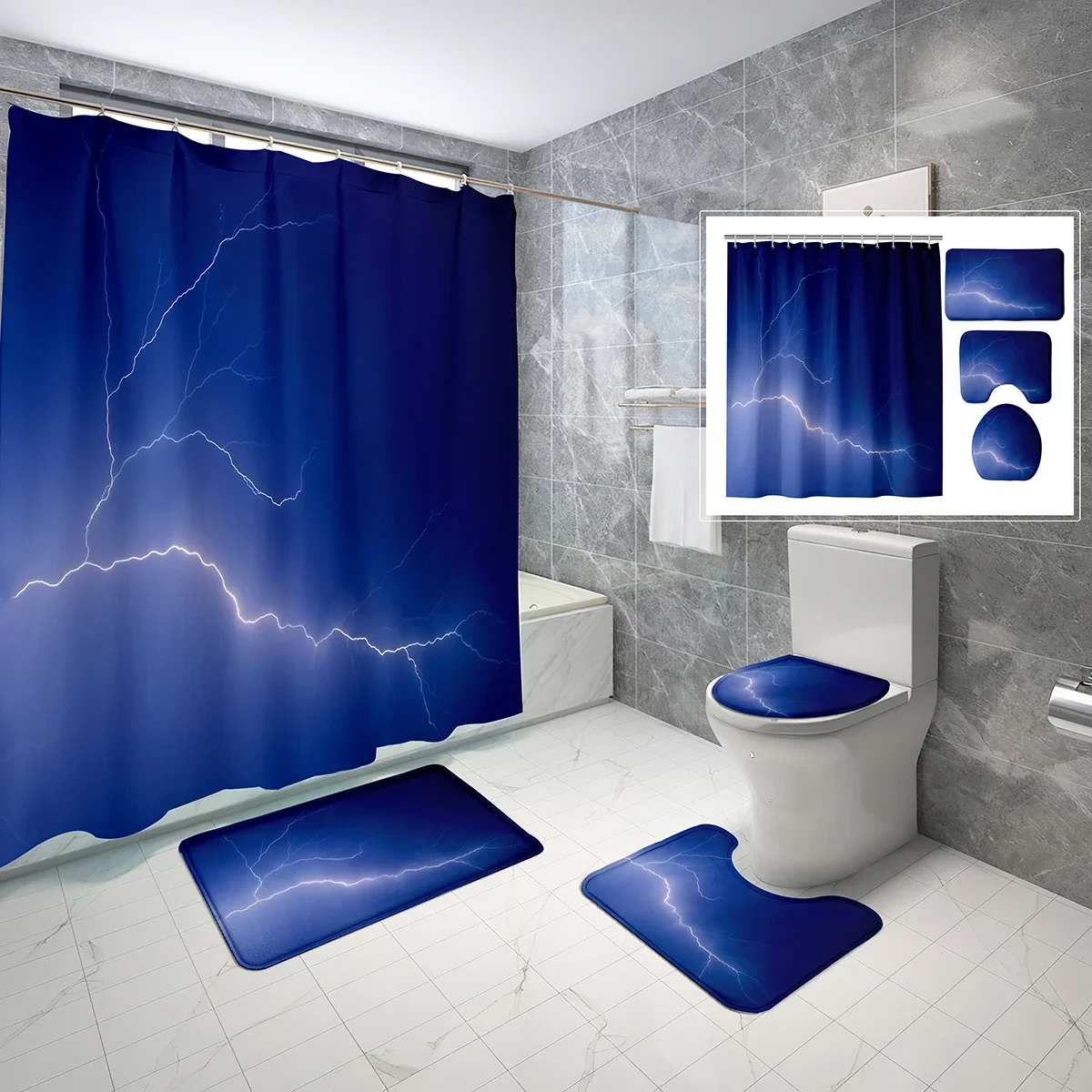 Lightning Shower Curtain Sets 4 Pcs with Non-Slip Rugs Mat Toilet Lid Natural Shock Lightning Waterproof Shower Curtain Set