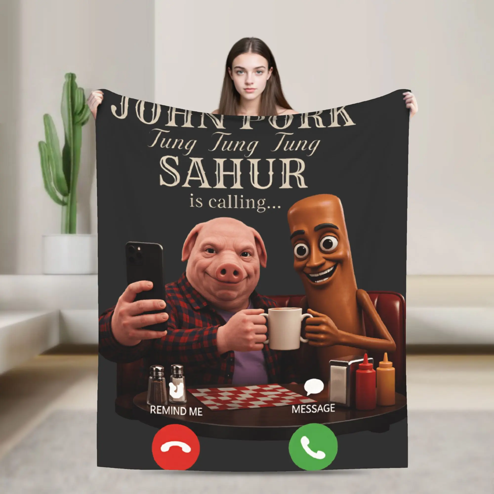John Pork Tung Sahur calling Brainrot Meme Throw Blanket Warm Cozy Graphic Blanket  For Bedroom Plane Travel Flannel Bed Cover