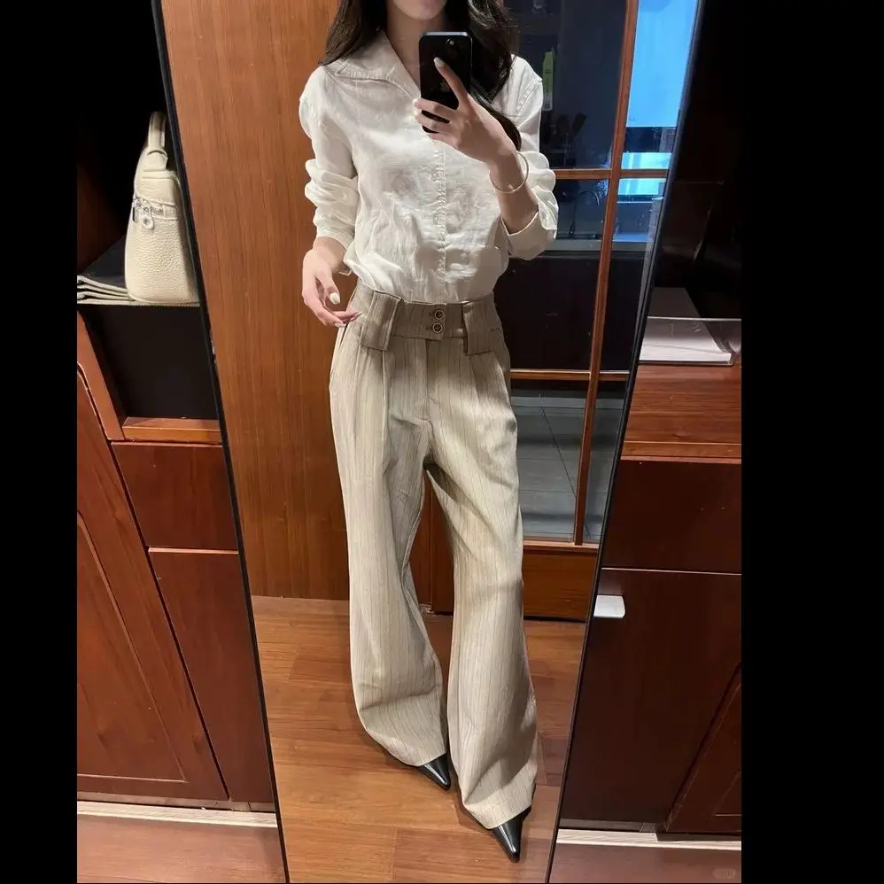Old Money Style Striped Pleated Straight A-line Silhouette with Slightly Wide Drape for Men and Women Commuting Trousers