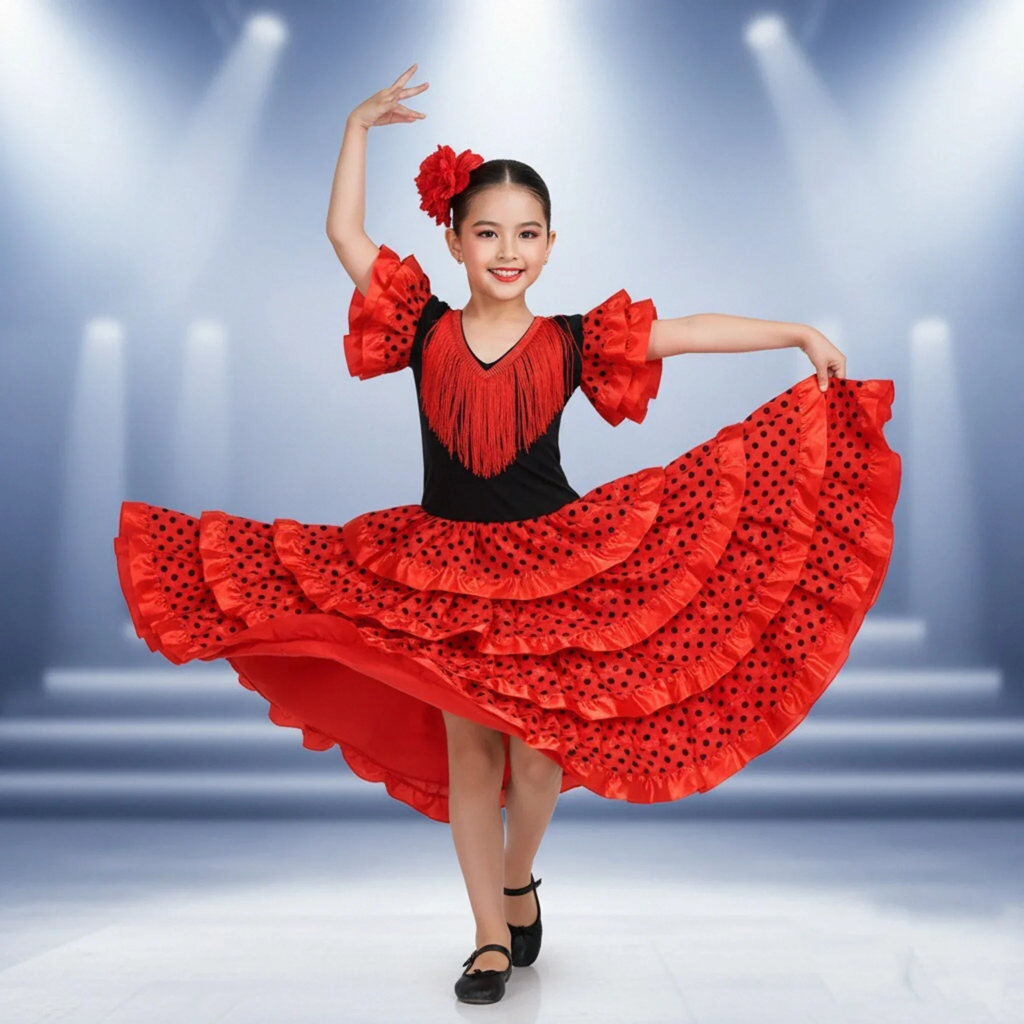 Spanisches Flamenco-Tanzkostüm für Kinder, rotes und schwarzes langes Kleid, Mädchen-Karnevals-Bühnenoutfit für Festival-Cosplay-Party – Detail 10