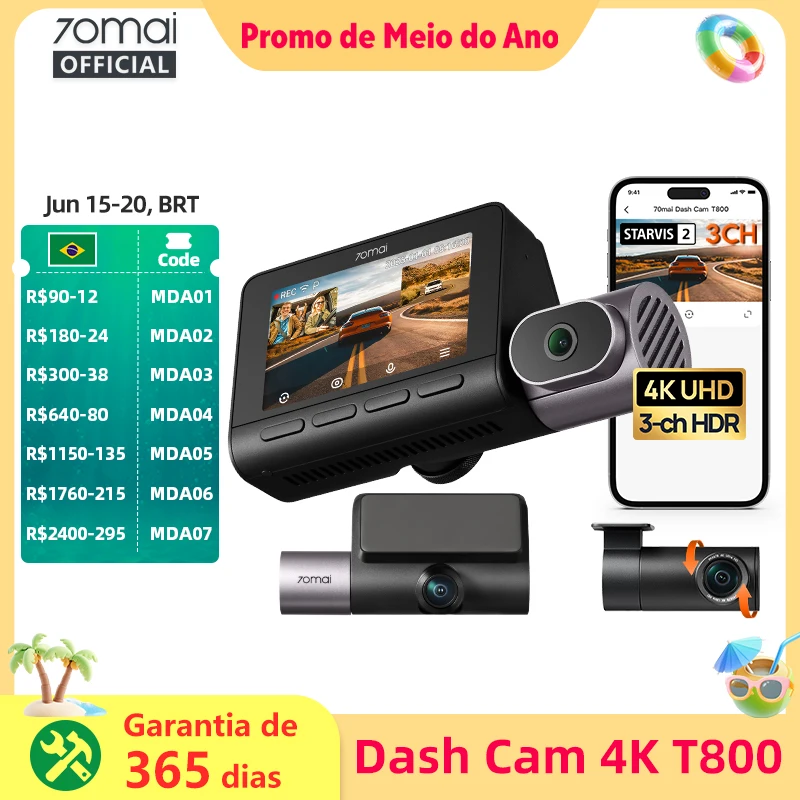 70mai traço cam 4k t800 3 canais hdr supercapacitor frente traseira cabine registro gps carro dvr 70mai t800 24h estacionamento guarda suporte 4g