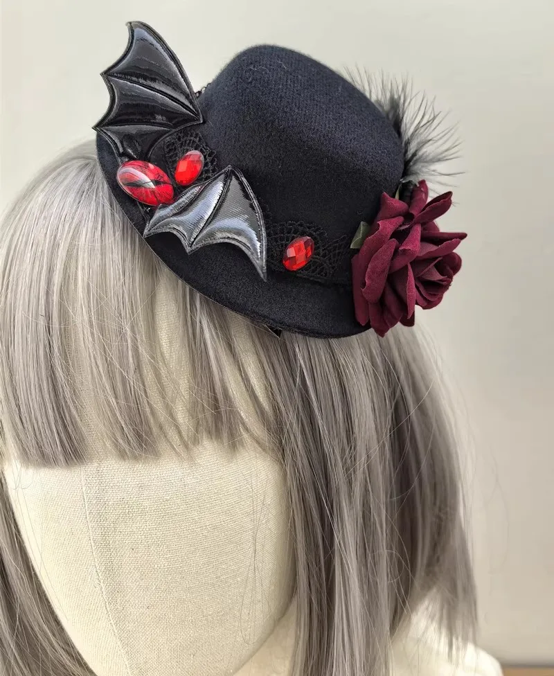 Gothic dark-themed queen bat demon with eye roses  small hat performance party accessory view 2