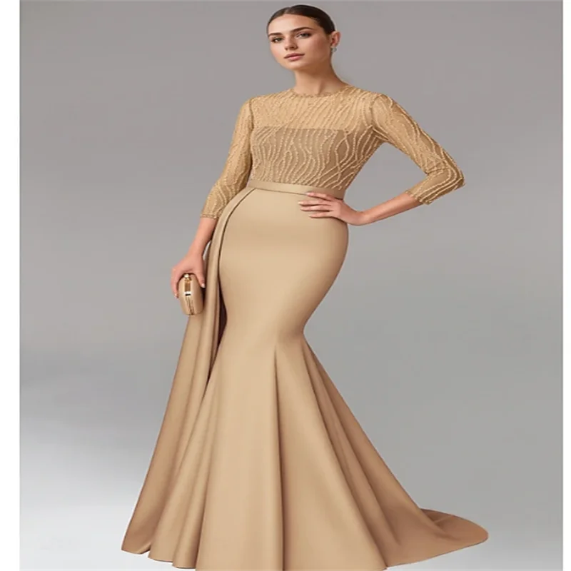 Sukienka wieczorowa na studniówkę w stylu syreny z rękawami, elegancka, z okrągłym dekoltem, szybka i błyszcząca, inspirowana stylem Dubaju, idealna na formalne okazje.