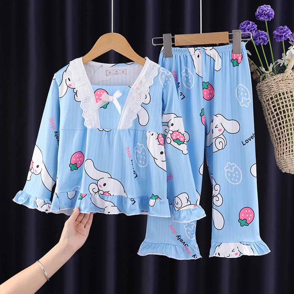 2Pcs Kids Pajamas Suit Long-Sleeved Anime Sanrioed Cinnamoroll Kawaii Melody Kuromi Cartoon Spring Autumn Cute Sleepwear Clothes