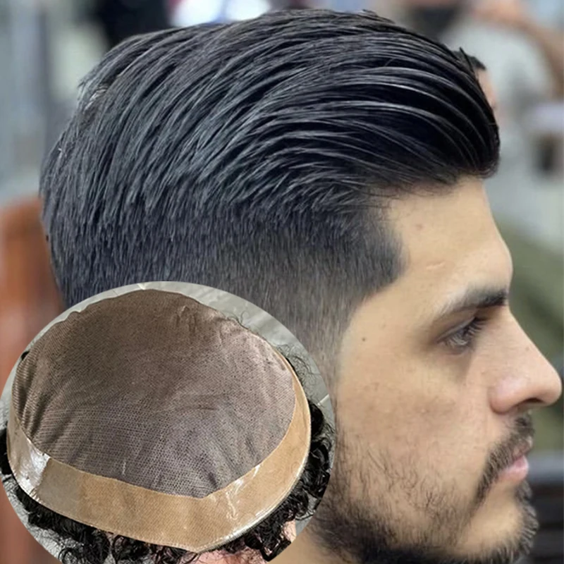 Toupee ondulado e encaracolado para homens, 100% cabelo humano, pele invisível, base PU, renda mono, prótese de substituição de perucas masculinas, marrom, preto